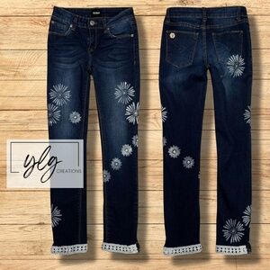 Hudson Skinny Jeans Hand Painted White Daisies Crochet Trimmed Girls 14